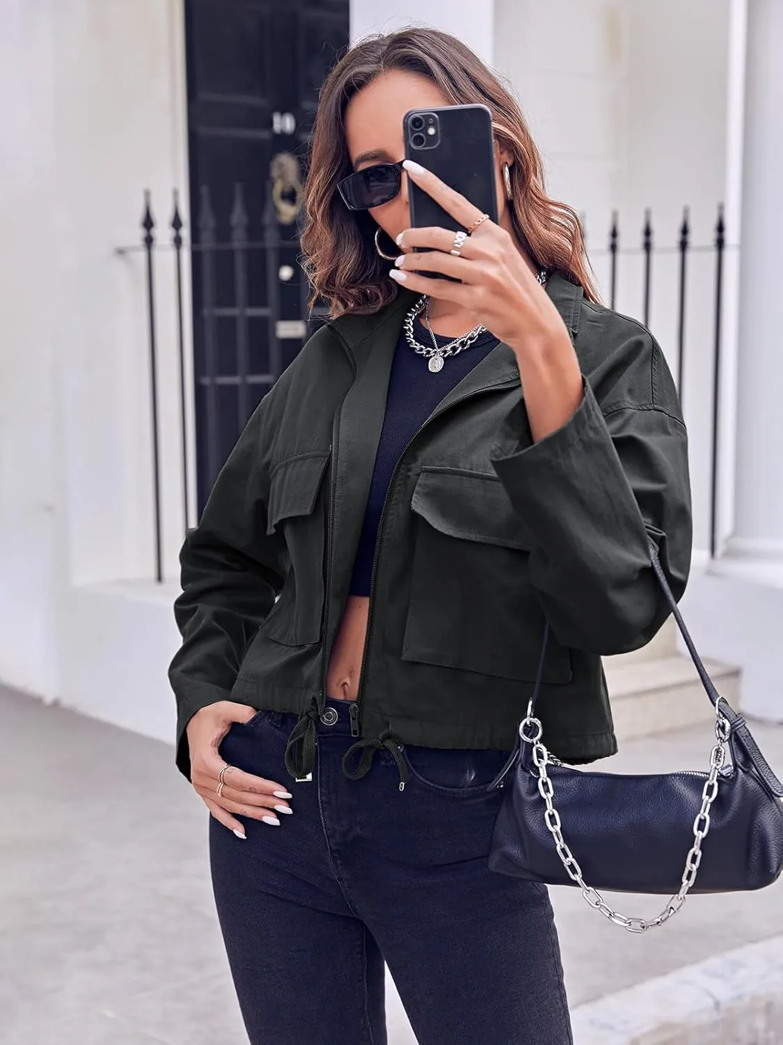 Tankaneo Women Casual Cropped Jackets Zip Up Lightweight Military Safari Short Utility Coat with Pockets