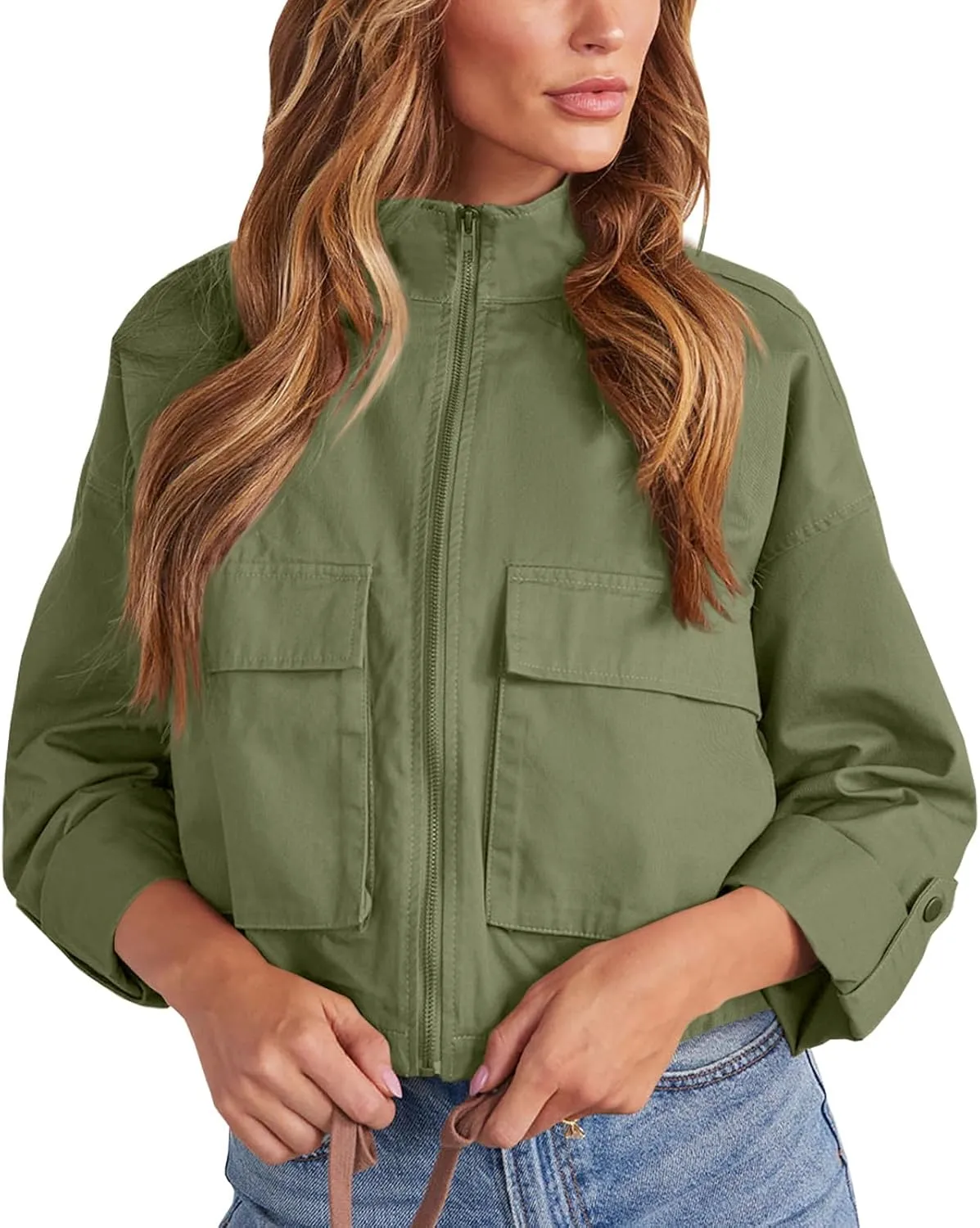 Tankaneo Women Casual Cropped Jackets Zip Up Lightweight Military Safari Short Utility Coat with Pockets