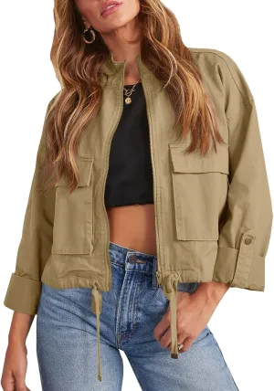 Tankaneo Women Casual Cropped Jackets Zip Up Lightweight Military Safari Short Utility Coat with Pockets