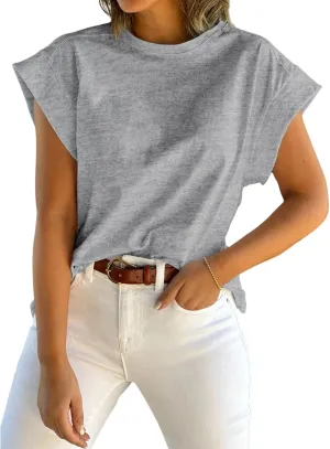 Tankaneo Womens Summer Cap Sleeve Tank Top Crew Neck Solid Casual Loose Fit Basic Tee Shirt