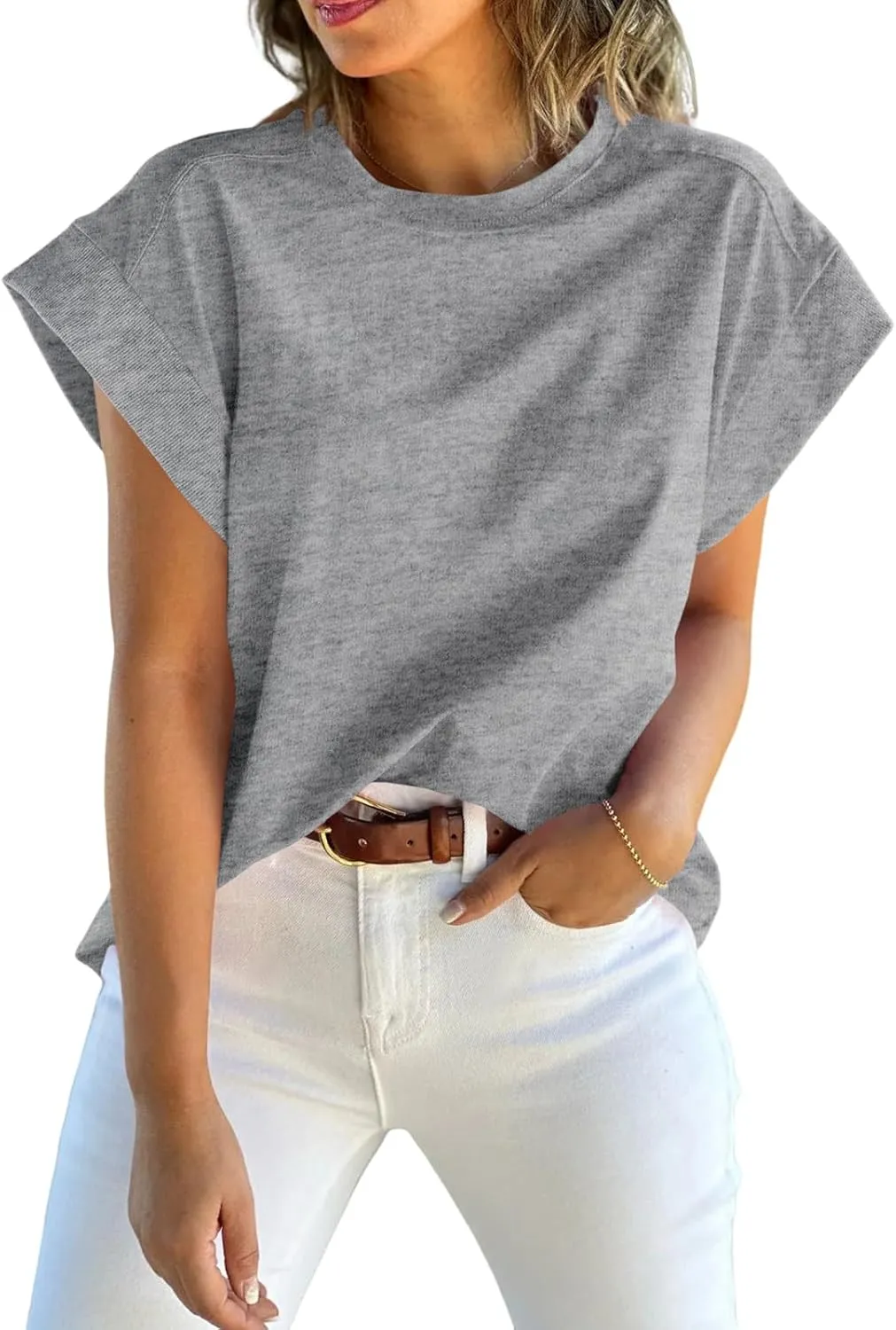 Tankaneo Womens Summer Cap Sleeve Tank Top Crew Neck Solid Casual Loose Fit Basic Tee Shirt