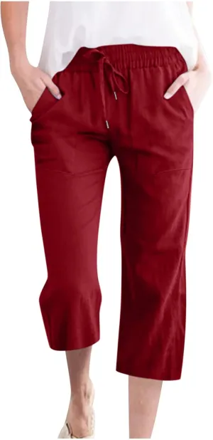 TARIENDY Capri Pants for Women Casual Summer Comfy Capris Drawstring Elastic High Waisted Pants Wide Leg Cropped Trouser
