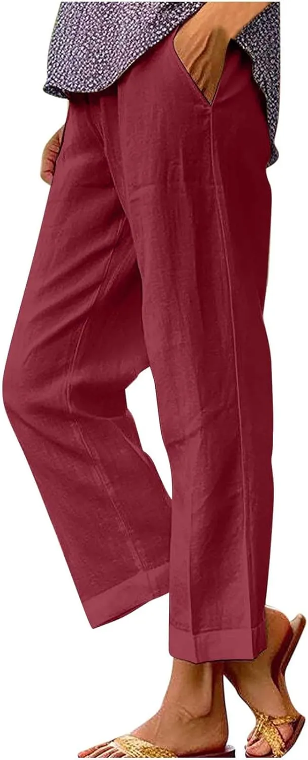 TARIENDY Cotton Linen Pants for Women Loose Fit Summer Casual Trousers Trendy Plus Size Wide Leg Beach Vacation Outfits