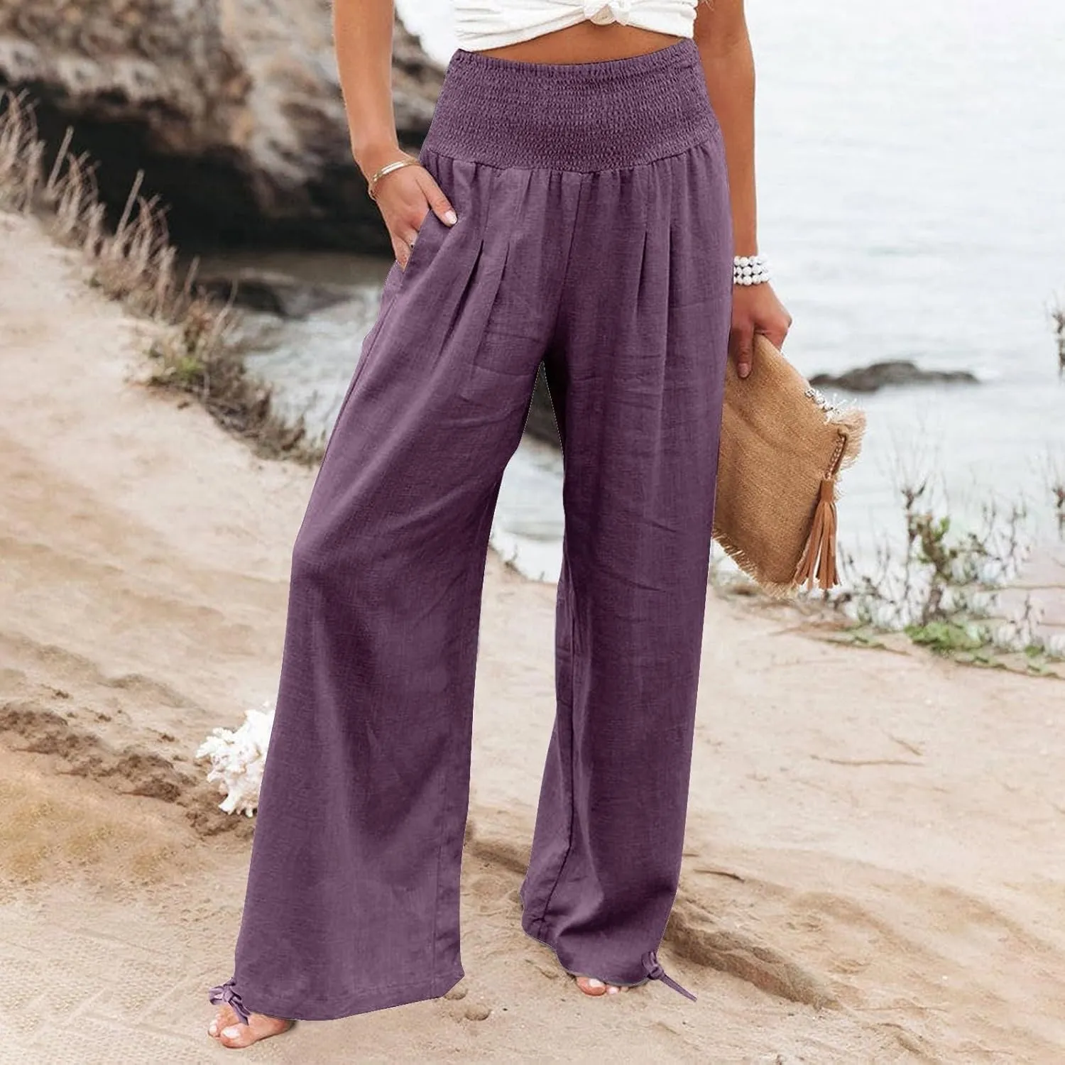 TARIENDY Palazzo Pants for Women Casual Summer High Waisted Wide Leg Trousers Loose Comfy Lounge Beach Pant with Pockets