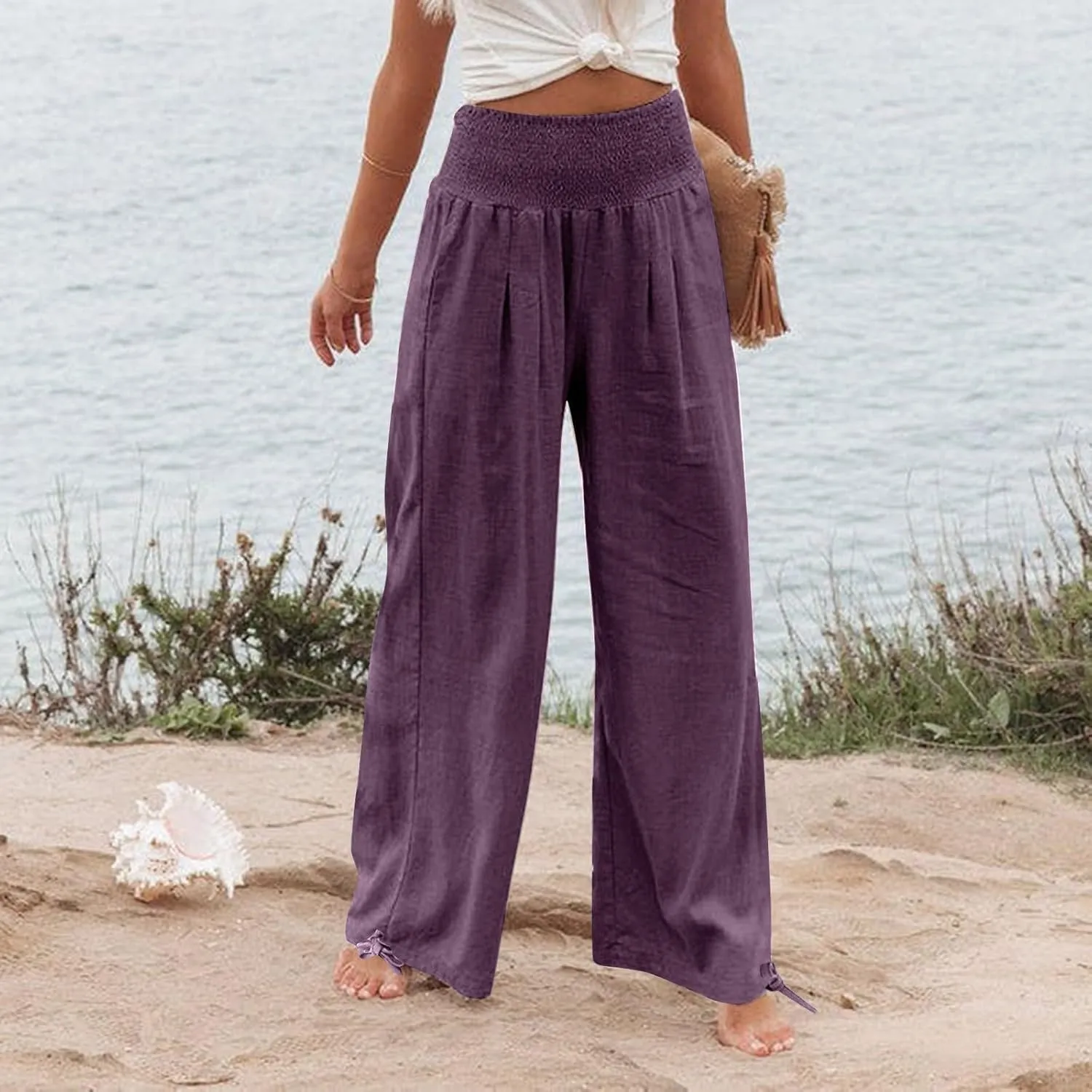 TARIENDY Palazzo Pants for Women Casual Summer High Waisted Wide Leg Trousers Loose Comfy Lounge Beach Pant with Pockets