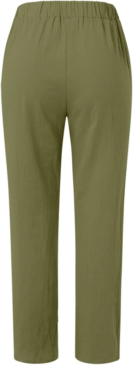 TARIENDY Women's Casual Pants Summer Trendy Elastic Waist Pant Straight Leg Baggy Trousers Vacation Outfits with Pockets