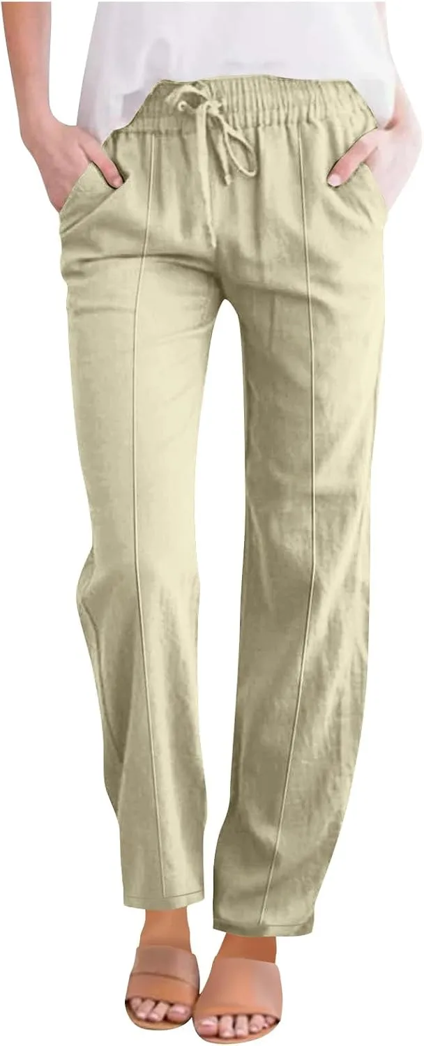 TARIENDY Womens Casual Summer Pants Drawstring Elastic Waist Wide Leg Trousers Loose Comfy Lounge Beach Pant with Pockets