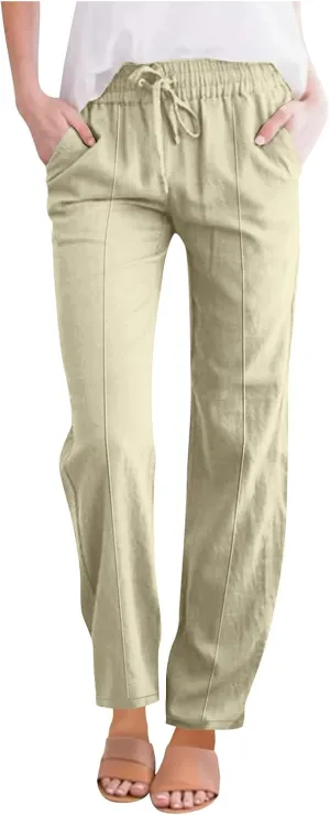 TARIENDY Womens Casual Summer Pants Drawstring Elastic Waist Wide Leg Trousers Loose Comfy Lounge Beach Pant with Pockets