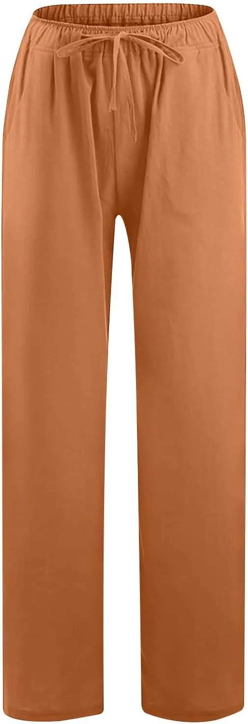 TARIENDY Womens Palazzo Pants Casual Summer Drawstring Elastic Waist Wide Leg Trouser Loose Cotton Linen Pant with Pockets