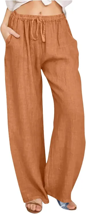 TARIENDY Womens Palazzo Pants Casual Summer Drawstring Elastic Waist Wide Leg Trouser Loose Cotton Linen Pant with Pockets