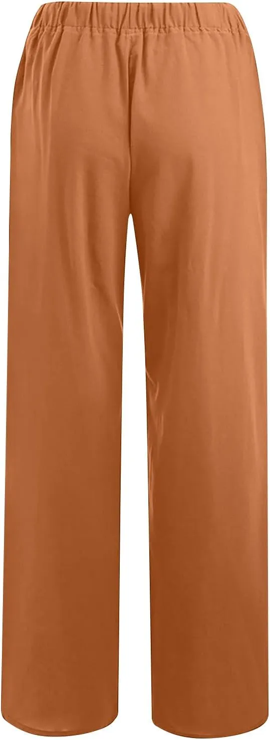 TARIENDY Womens Palazzo Pants Casual Summer Drawstring Elastic Waist Wide Leg Trouser Loose Cotton Linen Pant with Pockets