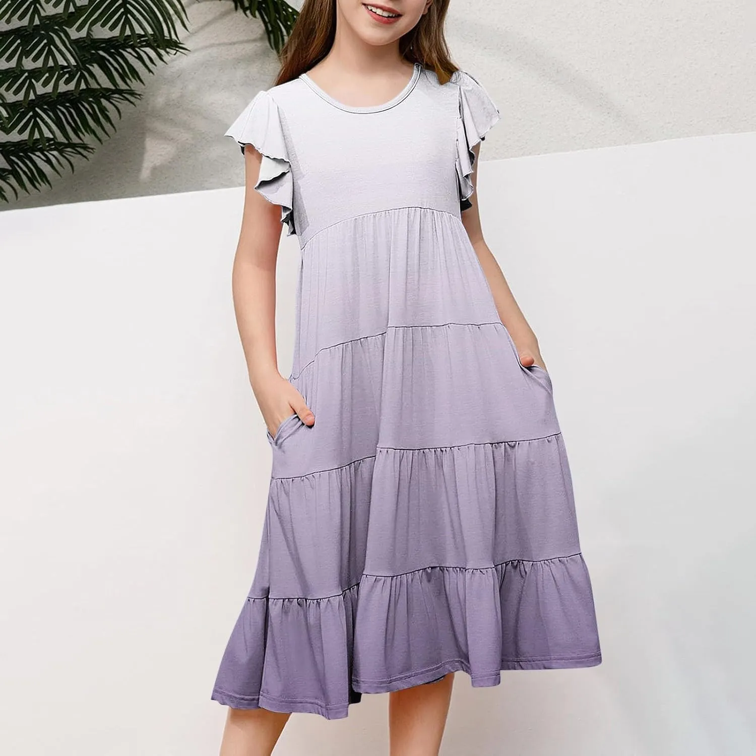 Teen Girls Casual Dress Summer Flutter Sleeve Swing Dresses Kids Smocked Ruffle Mini Skirts Tiered Beach Sundress