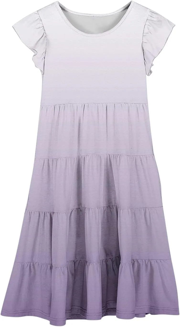 Teen Girls Casual Dress Summer Flutter Sleeve Swing Dresses Kids Smocked Ruffle Mini Skirts Tiered Beach Sundress