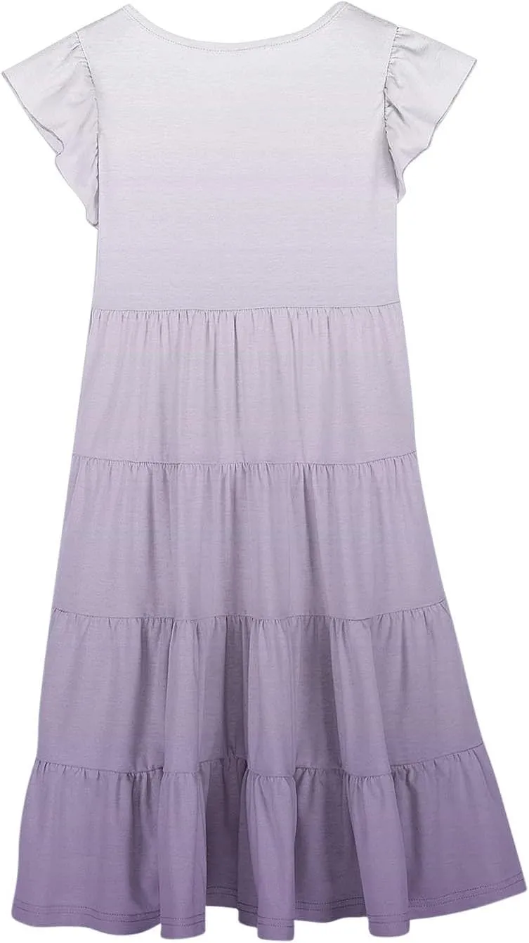 Teen Girls Casual Dress Summer Flutter Sleeve Swing Dresses Kids Smocked Ruffle Mini Skirts Tiered Beach Sundress