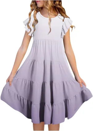 Teen Girls Casual Dress Summer Flutter Sleeve Swing Dresses Kids Smocked Ruffle Mini Skirts Tiered Beach Sundress