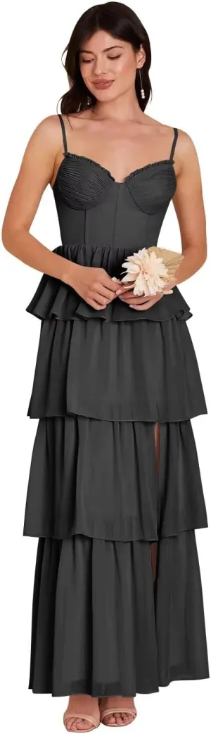 Tiered Chiffon Bridesmaid Dresses for Women 2025 High Slit Formal Dresses for Wedding QA220