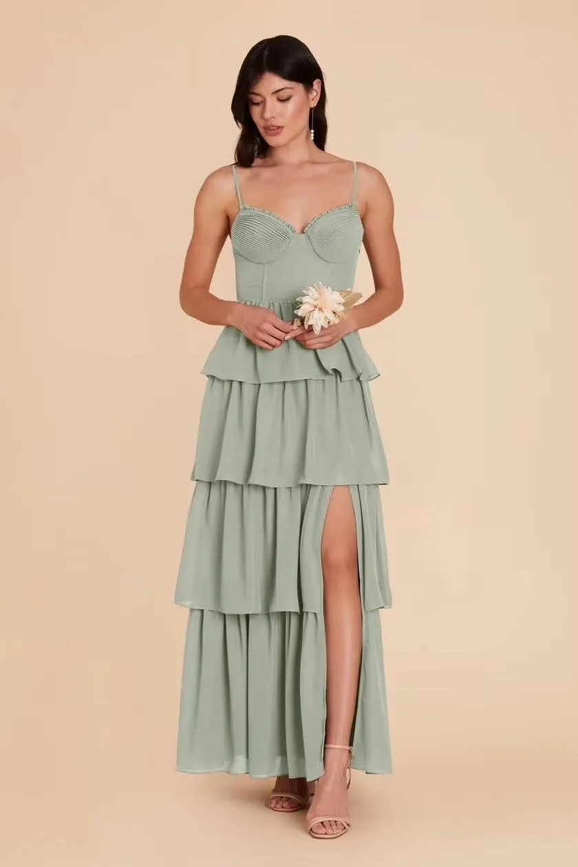 Tiered Chiffon Bridesmaid Dresses for Women 2025 High Slit Formal Dresses for Wedding QA220