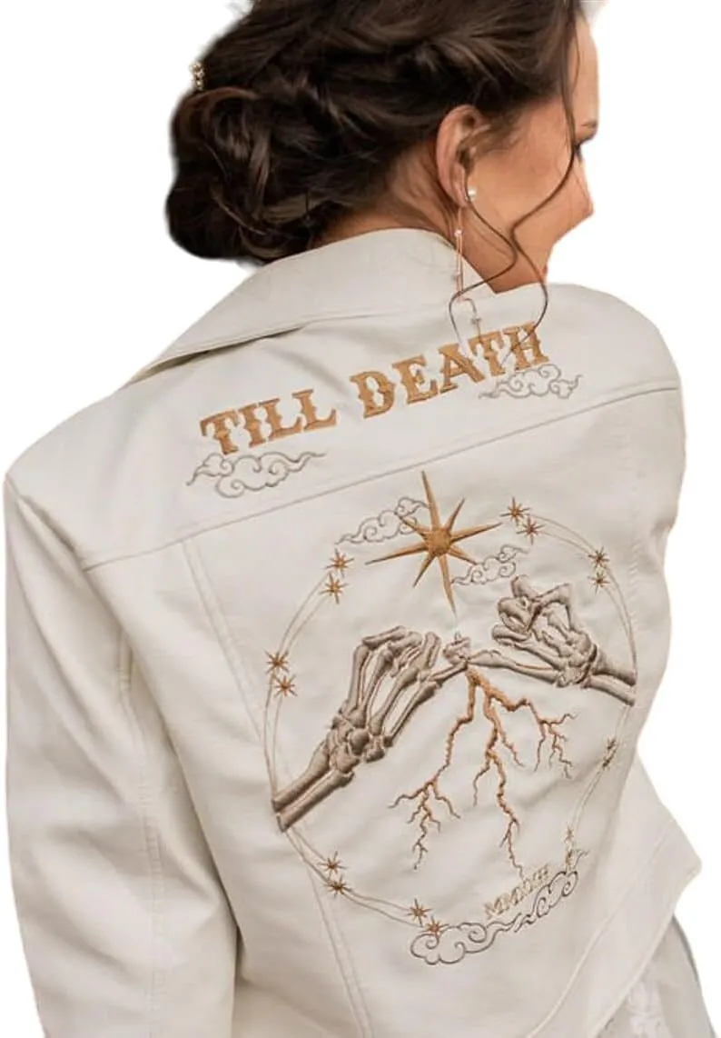 Till Death Black/Ivory Bride Leather Jacket Gothic Celestial Western Wedding