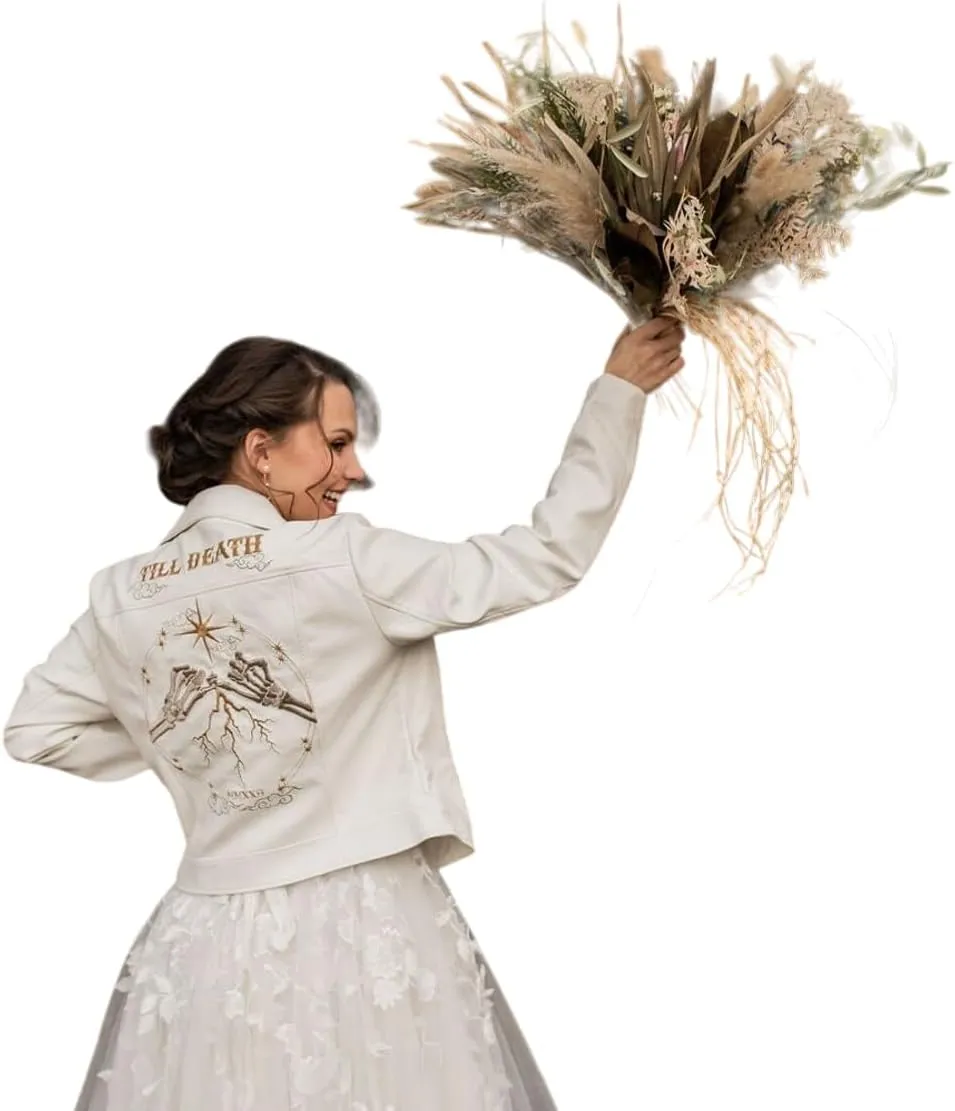 Till Death Black/Ivory Bride Leather Jacket Gothic Celestial Western Wedding