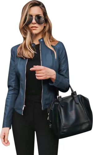 TYQQU Women Fall Faux Leather Outwear Short PU Slim Fit Coat Zip Up Regular Jacket