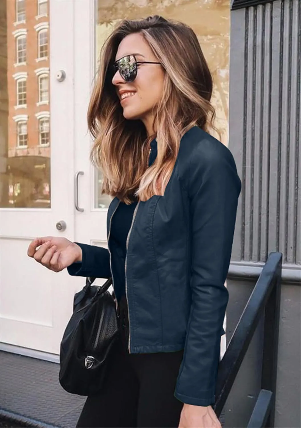 TYQQU Women Fall Faux Leather Outwear Short PU Slim Fit Coat Zip Up Regular Jacket