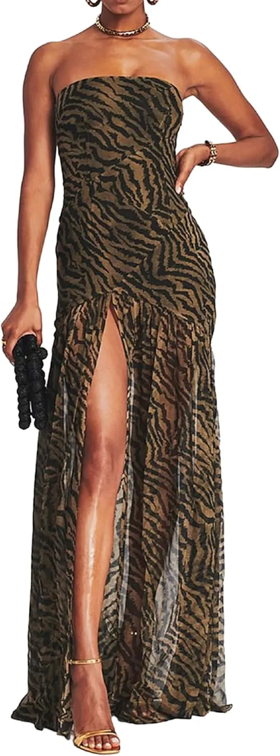 UAURORAO Women Tropical Strapless Maxi Dress Mesh Bodycon Tube Long Dress Flowy Ruffle High Split Evening Gowns