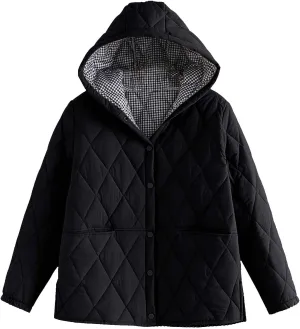 Uillui Hooded Cotton Coat Women Baggy Thermal Warm Padded Coat Fashion Argyle Plaid Button Down Jacket Winter Casual Outwear