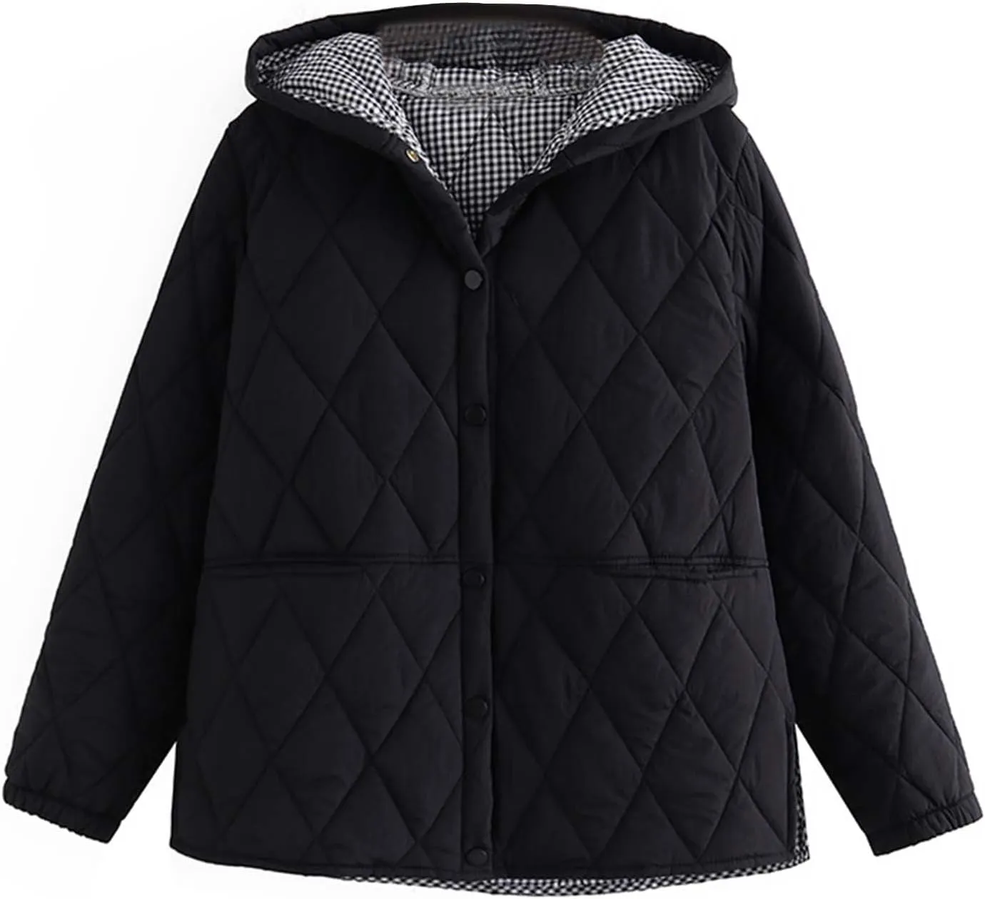 Uillui Hooded Cotton Coat Women Baggy Thermal Warm Padded Coat Fashion Argyle Plaid Button Down Jacket Winter Casual Outwear