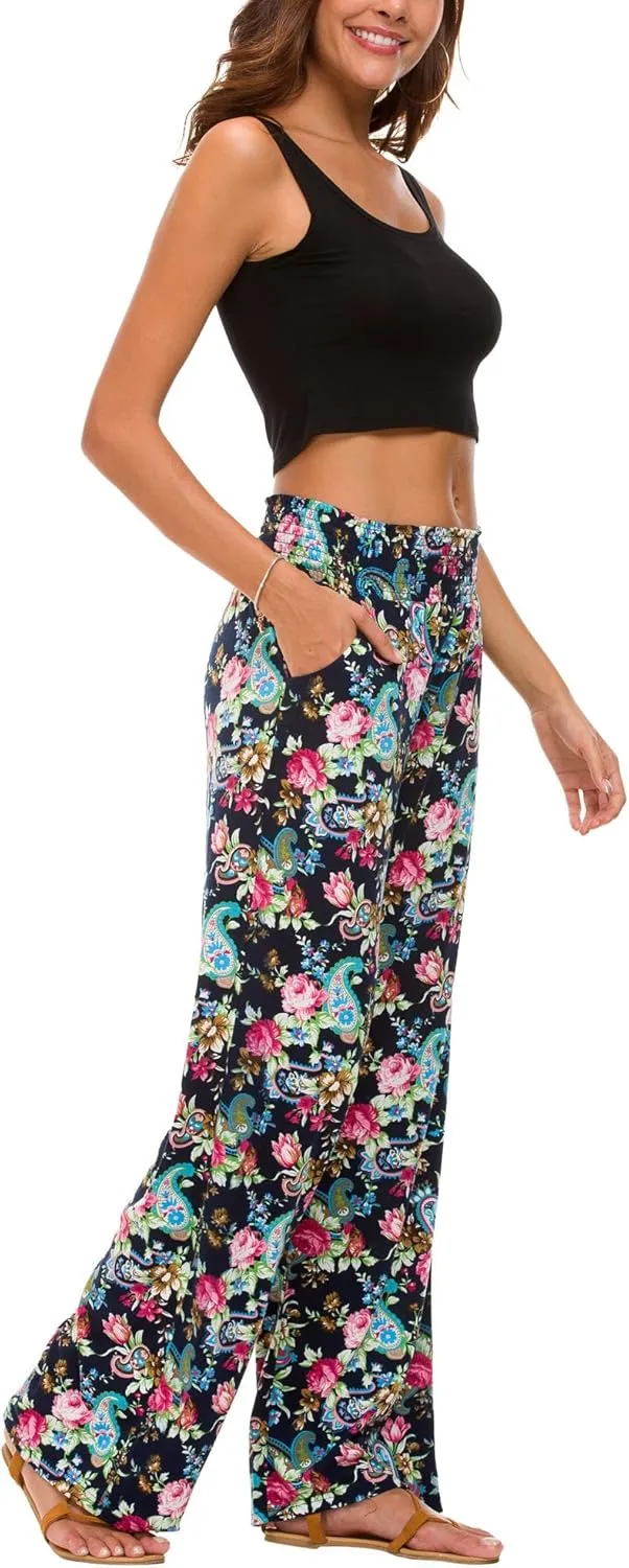 Urban CoCo Women's Boho Palazzo Pants Wide Leg Beach Pants High Waisted Lounge Pants with Pockets