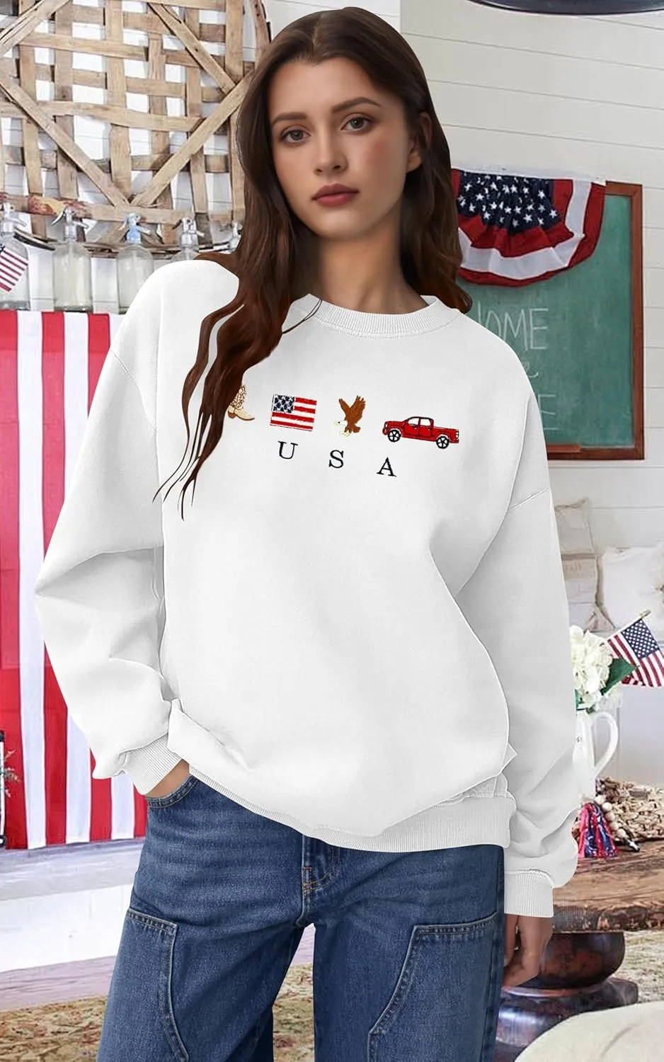 USA Sweatshirt Women American Flag Shirt Patriotic Tshirt Stars Stripes Pullover 4th of July Tee Tops