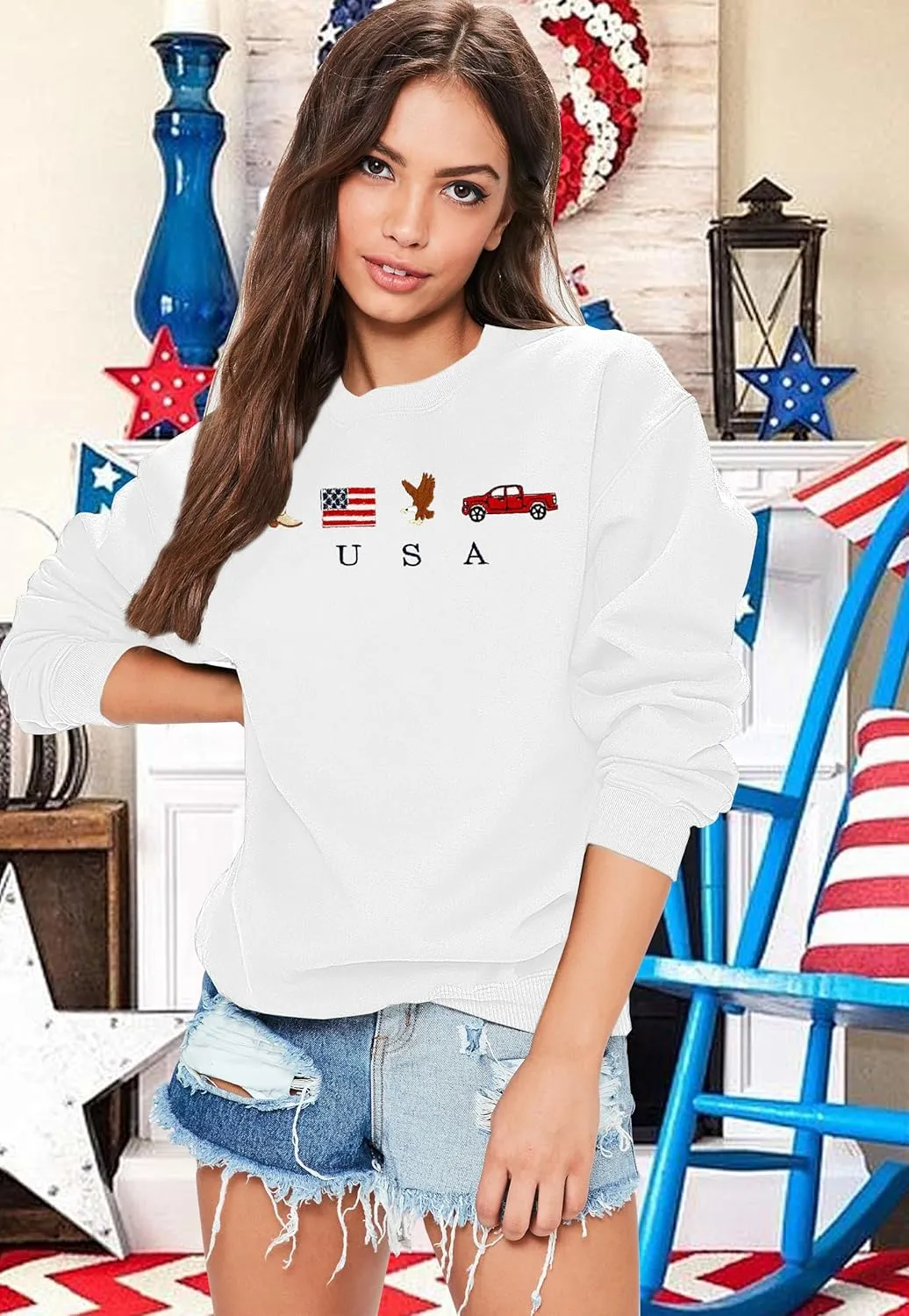 USA Sweatshirt Women American Flag Shirt Patriotic Tshirt Stars Stripes Pullover 4th of July Tee Tops