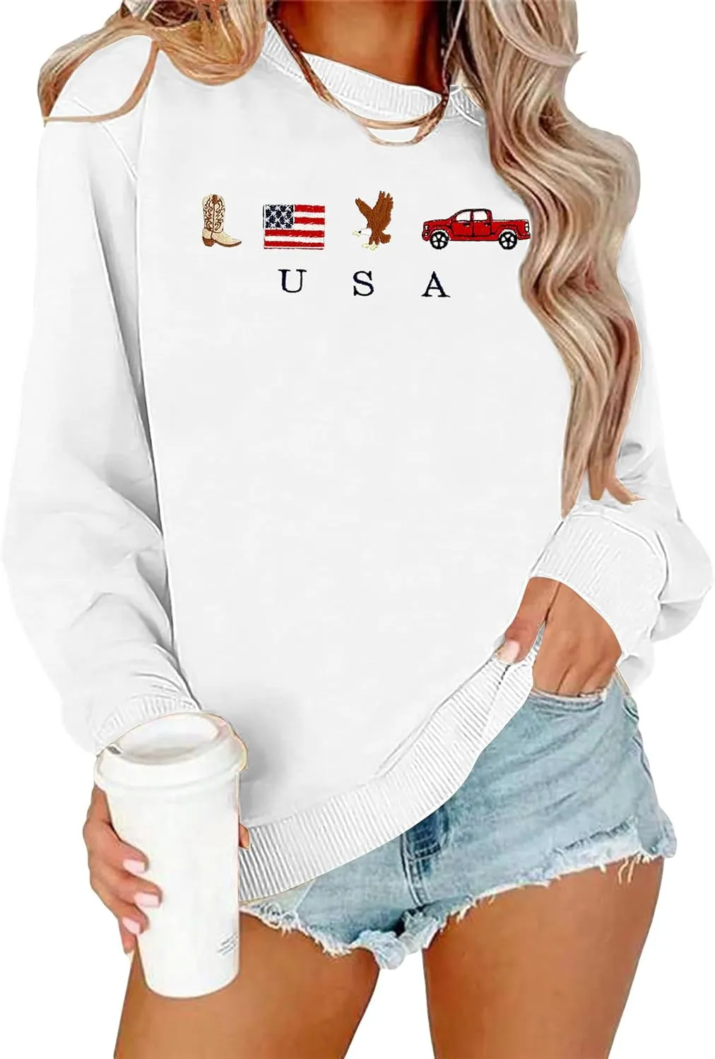 USA Sweatshirt Women American Flag Shirt Patriotic Tshirt Stars Stripes Pullover 4th of July Tee Tops