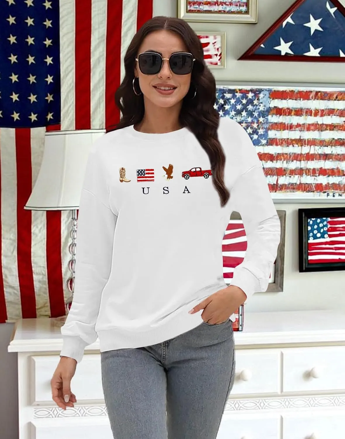 USA Sweatshirt Women American Flag Shirt Patriotic Tshirt Stars Stripes Pullover 4th of July Tee Tops