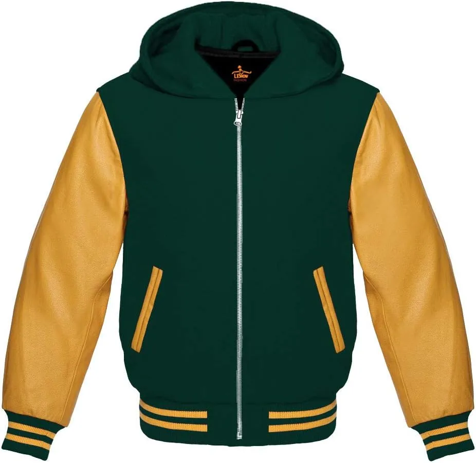 Varsity Hoodie Baseball Letterman Bomber Wool & Genuine Yellow Gold Leather Sleeves Zipper Jacket