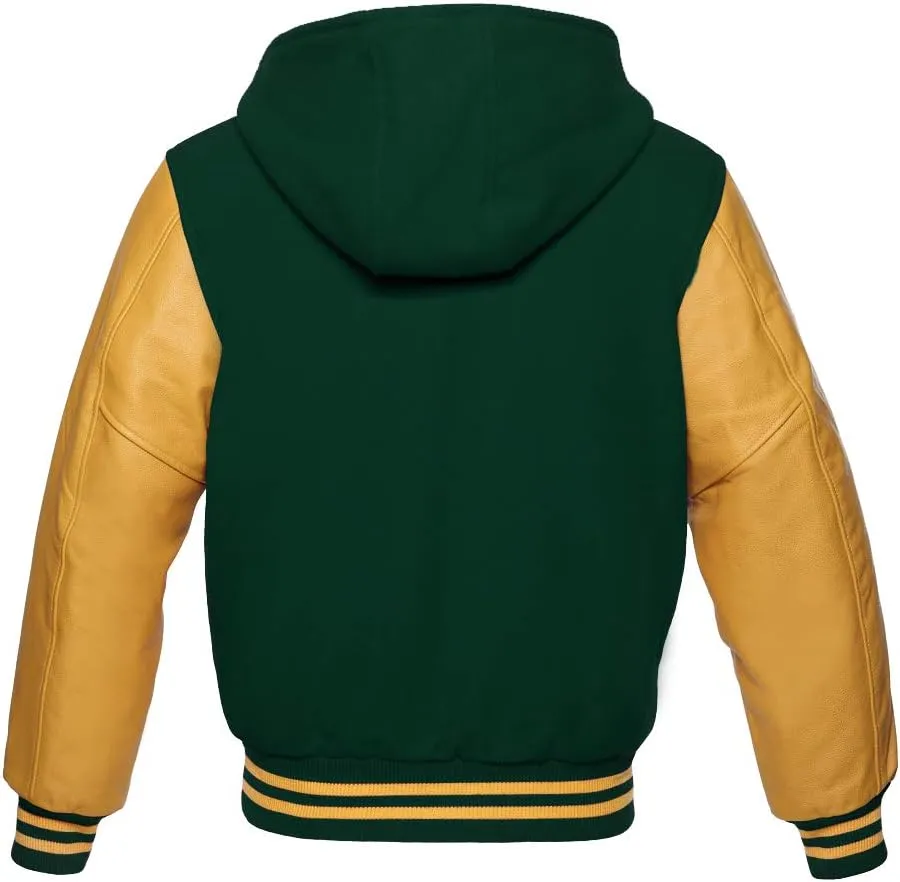 Varsity Hoodie Baseball Letterman Bomber Wool & Genuine Yellow Gold Leather Sleeves Zipper Jacket