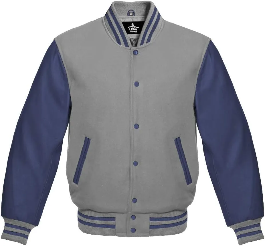 Varsity Jacket Baseball Letterman Bomber School Collage Of Light Grey Wool and Genuine Navy Blue Leather Sleeves