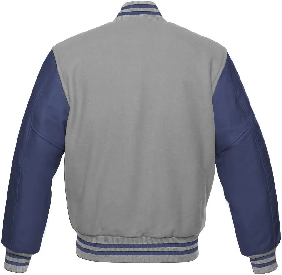 Varsity Jacket Baseball Letterman Bomber School Collage Of Light Grey Wool and Genuine Navy Blue Leather Sleeves