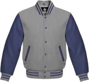 Varsity Jacket Baseball Letterman Bomber School Collage Of Light Grey Wool and Genuine Navy Blue Leather Sleeves