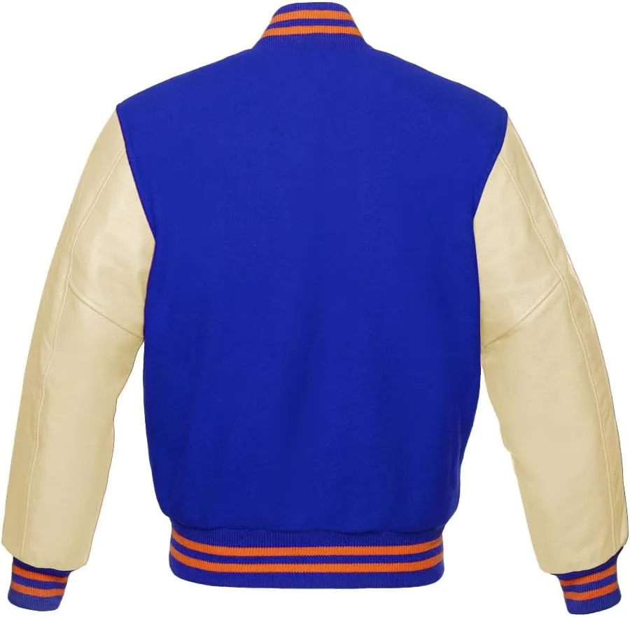 Varsity Jacket Baseball Letterman Bomber Wool & Light Cream Genuine leather Sleeves With Orange Stripe