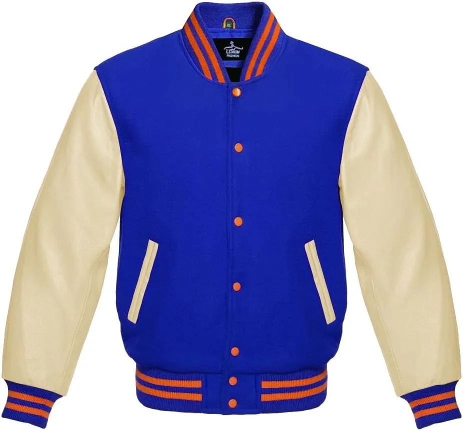 Varsity Jacket Baseball Letterman Bomber Wool & Light Cream Genuine leather Sleeves With Orange Stripe