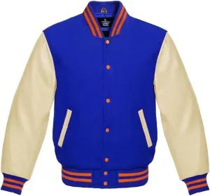 Varsity Jacket Baseball Letterman Bomber Wool & Light Cream Genuine leather Sleeves With Orange Stripe