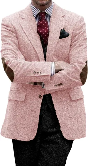 VENNYNG Mens Suit Jacket Single Breasted Vintage Short Trench Coat Blazer with Brown Elbow Patches