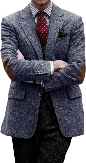 VENNYNG Mens Suit Jacket Single Breasted Vintage Short Trench Coat Blazer with Brown Elbow Patches