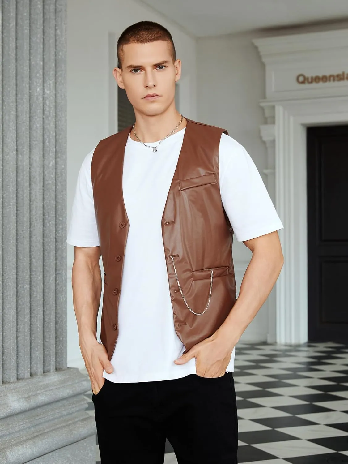 Verdusa Men's PU Leather Sleeveless Motorcycle Biker Vest Jacket