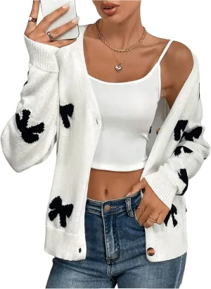 Verdusa Women's Cute Heart Print Button Down Cardigan Cute V Neck Long Sleeve Knit Sweater Cardigan