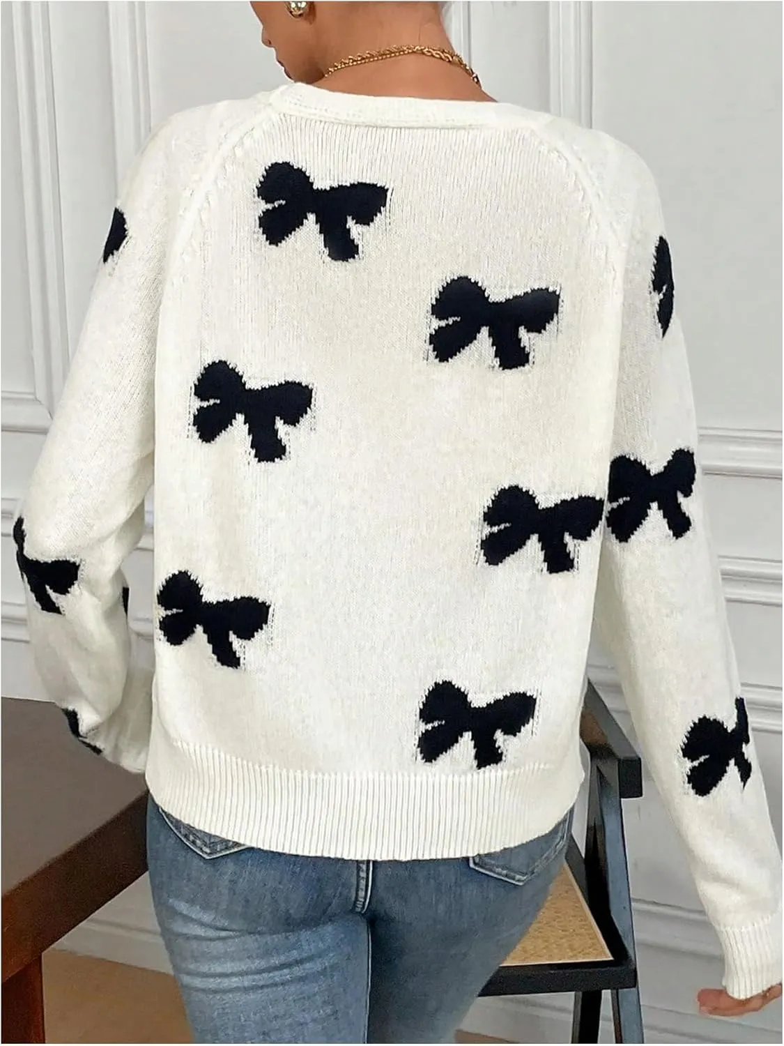 Verdusa Women's Cute Heart Print Button Down Cardigan Cute V Neck Long Sleeve Knit Sweater Cardigan