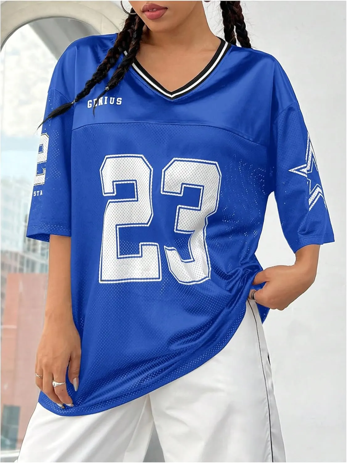 Verdusa Women's Jersey Shirts Graphic Tees Oversized Streetwear Letter Print T Shirt V Neck Tee Top