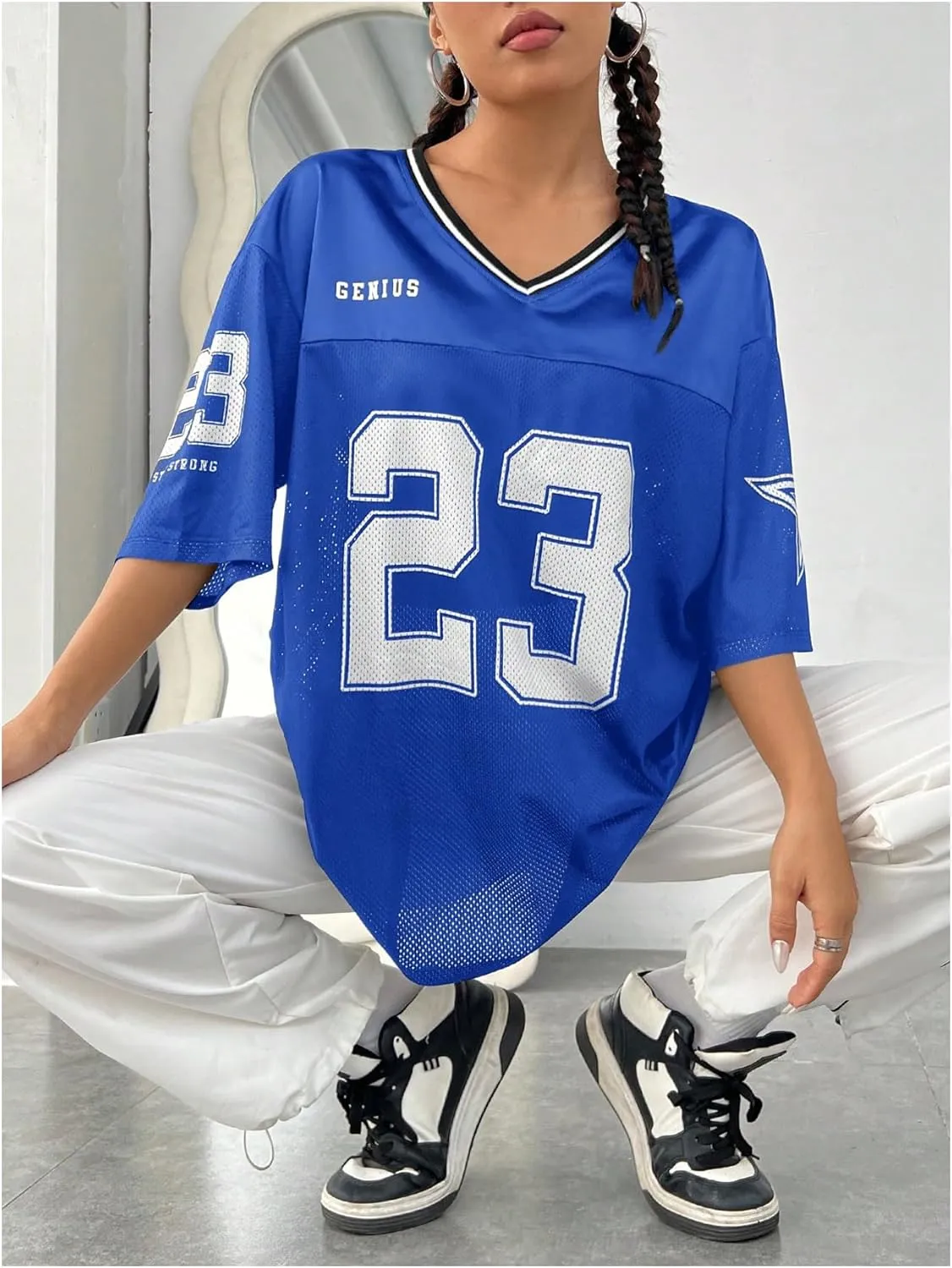 Verdusa Women's Jersey Shirts Graphic Tees Oversized Streetwear Letter Print T Shirt V Neck Tee Top