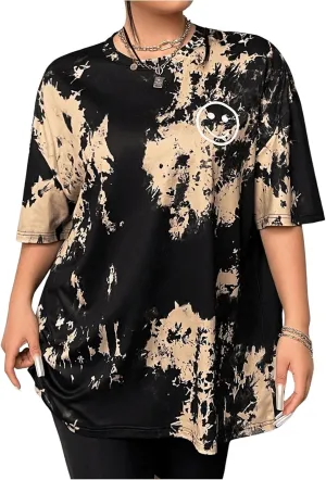 Verdusa Women's Plus Size Tie Dye Smile Print Graphic Tee Vintage Crew Neck T Shirt
