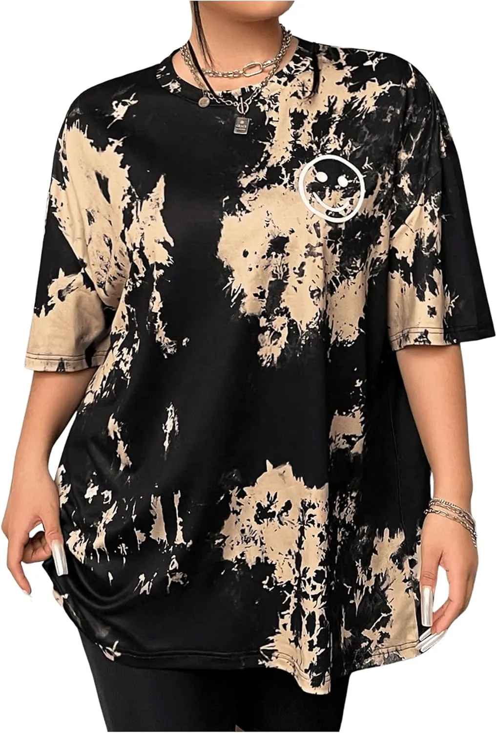 Verdusa Women's Plus Size Tie Dye Smile Print Graphic Tee Vintage Crew Neck T Shirt